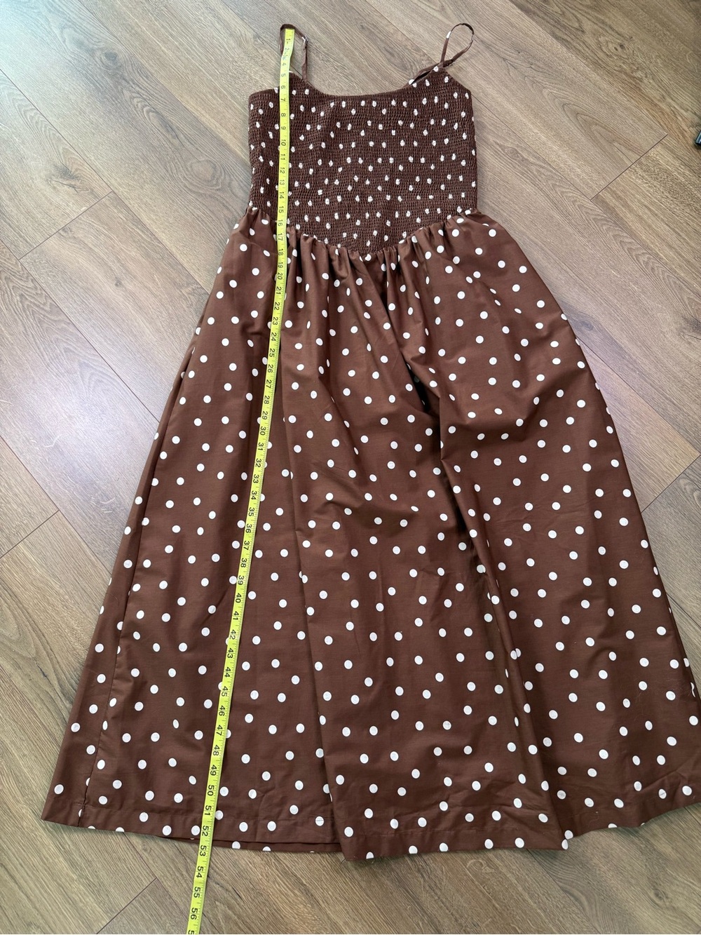 NWT Abercrombie & Fitch Smocked Dipped Waist Midi Dress Brown Polka Dot L Tall - Picture 12 of 12